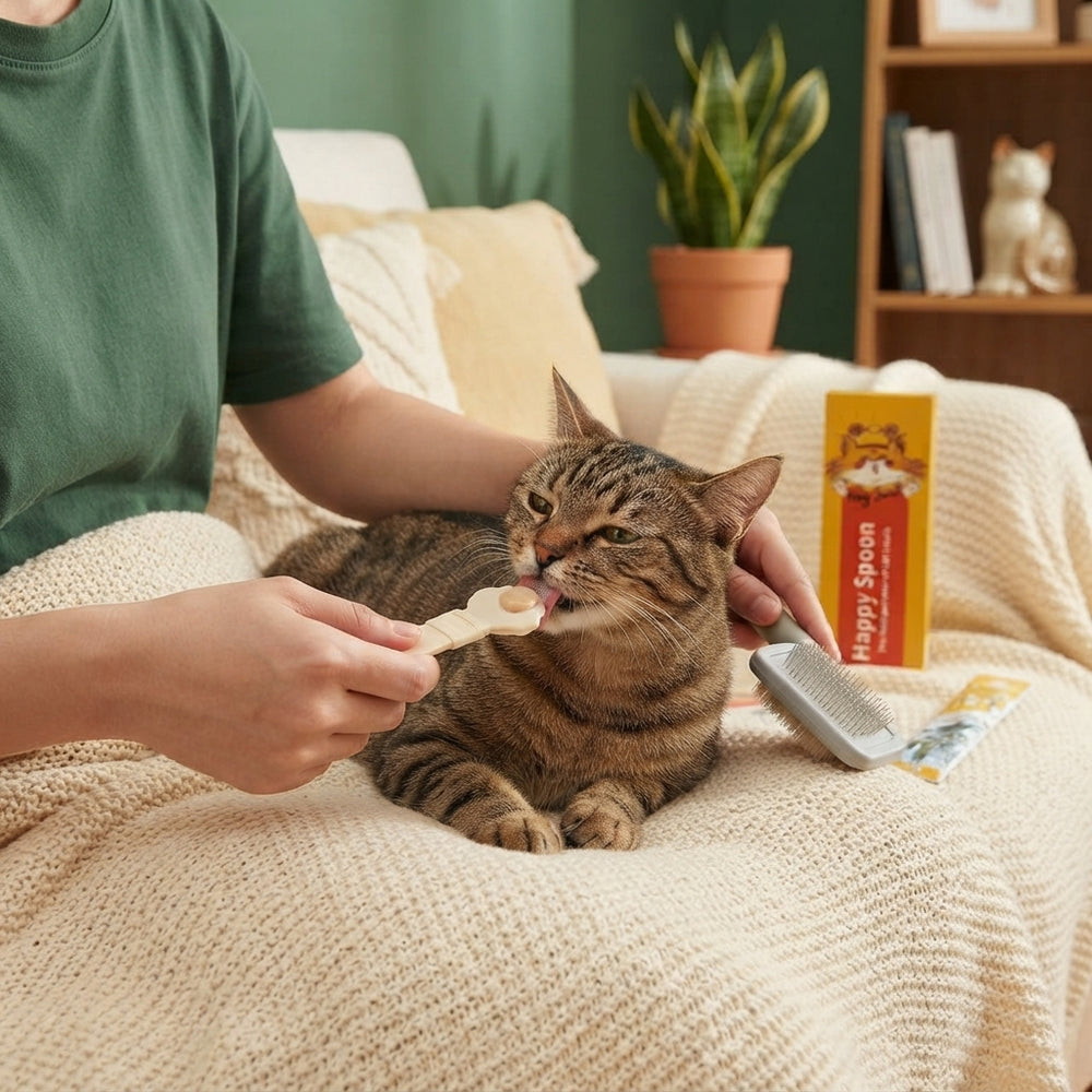 A person using a beige cat treat spoon to feed a cat, demonstrating the tool during a calm grooming session.
